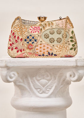 Mohey Women Beige Georgette Clutch Bag with Embroidery