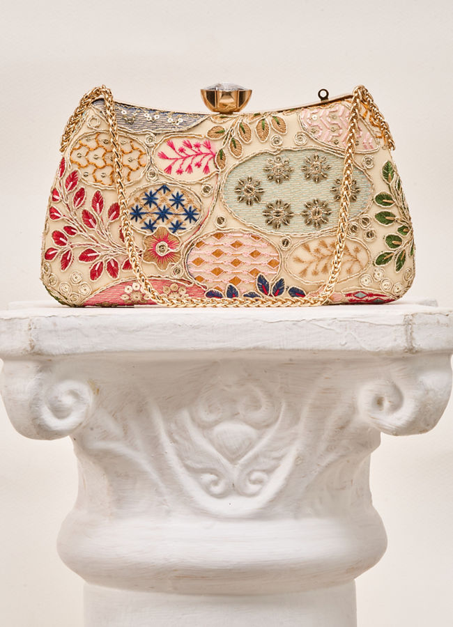 Mohey Women Beige Georgette Clutch Bag with Embroidery