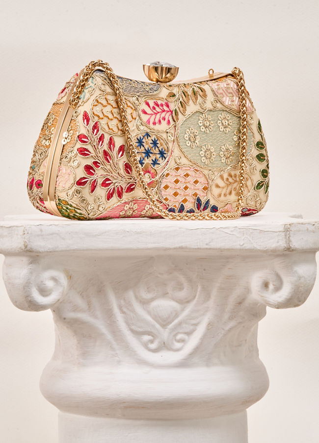 Mohey Women Beige Georgette Clutch Bag with Embroidery