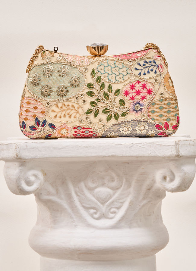 Mohey Women Beige Georgette Clutch Bag with Embroidery