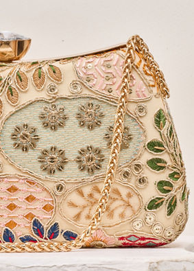 Mohey Women Beige Georgette Clutch Bag with Embroidery