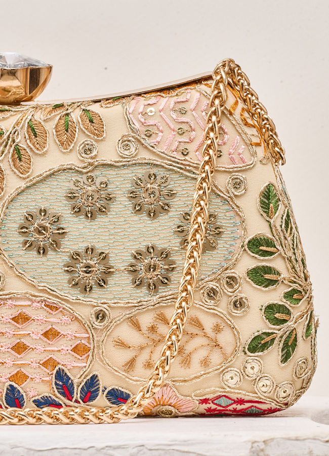 Mohey Women Beige Georgette Clutch Bag with Embroidery