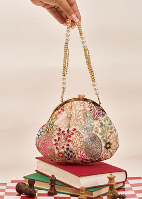 Mohey Women Cream Georgette Clutch Bag with Sequin Work