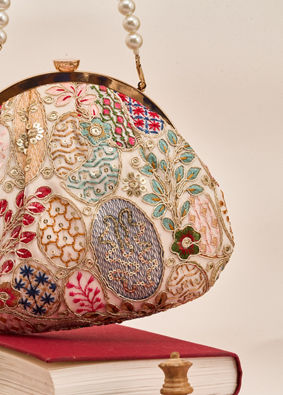 Mohey Women Cream Georgette Clutch Bag with Sequin Work
