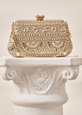 Mohey Women Cream Art Silk Clutch Bag with Moti Work