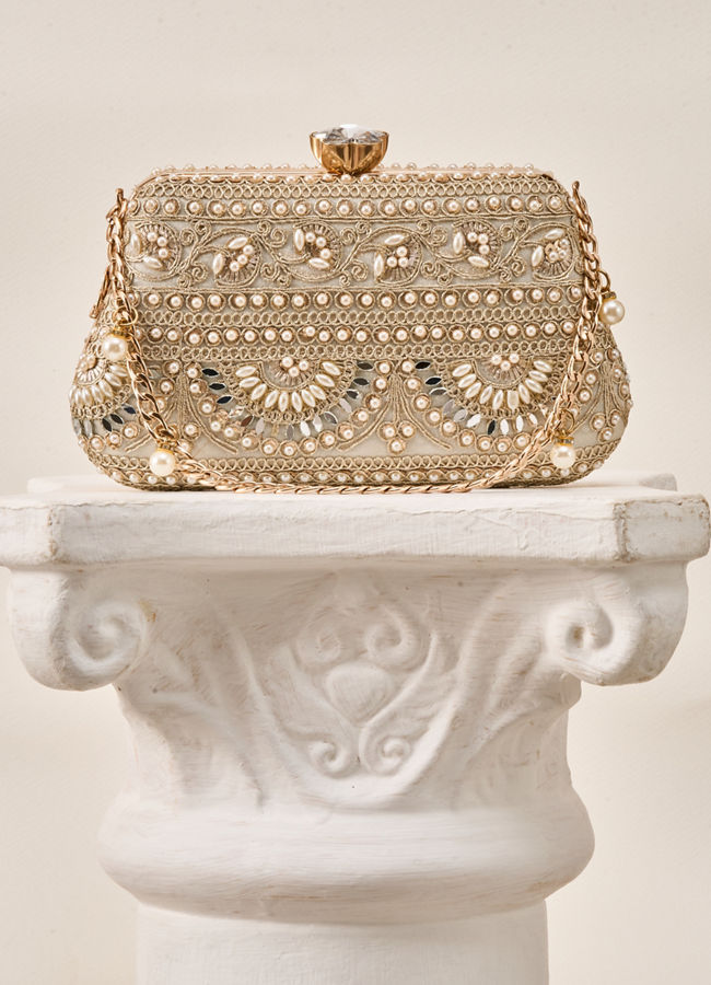 Mohey Women Cream Art Silk Clutch Bag with Moti Work