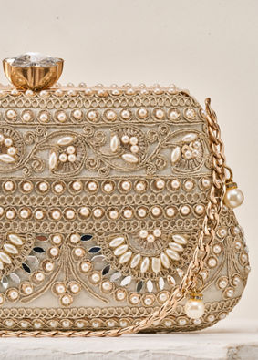 Mohey Women Cream Art Silk Clutch Bag with Moti Work