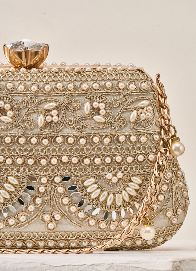 Mohey Women Cream Art Silk Clutch Bag with Moti Work
