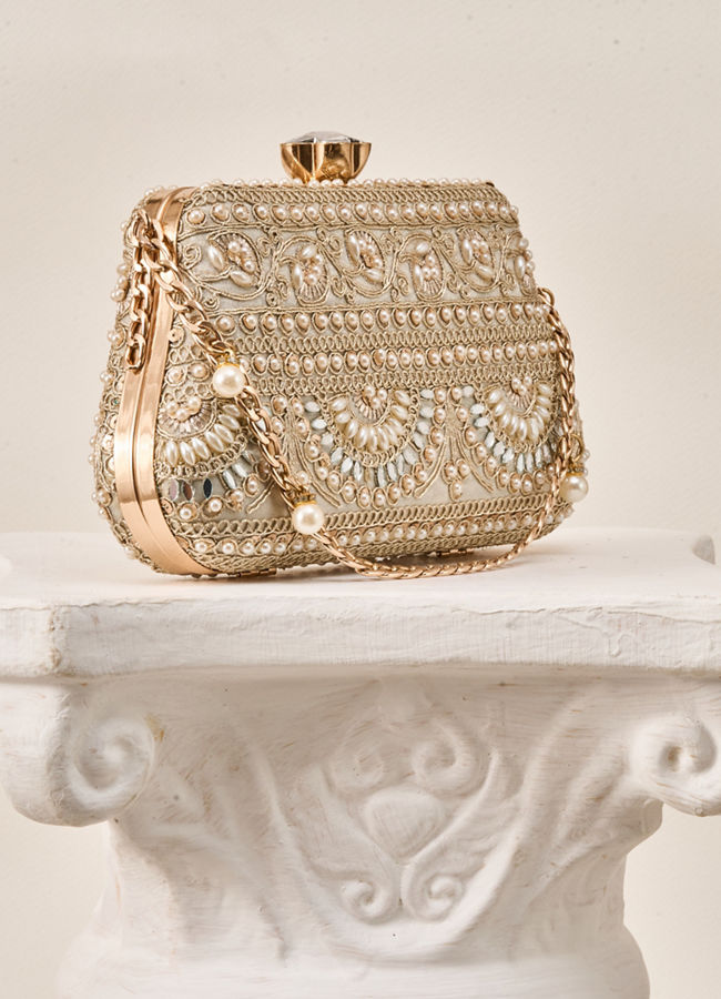Mohey Women Cream Art Silk Clutch Bag with Moti Work