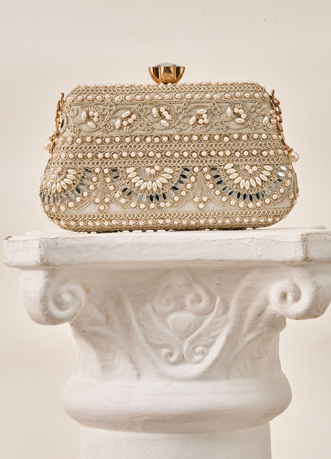 Mohey Women Cream Art Silk Clutch Bag with Moti Work
