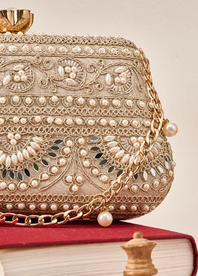 Mohey Women Fawn Art Silk Clutch Bag with Moti Work
