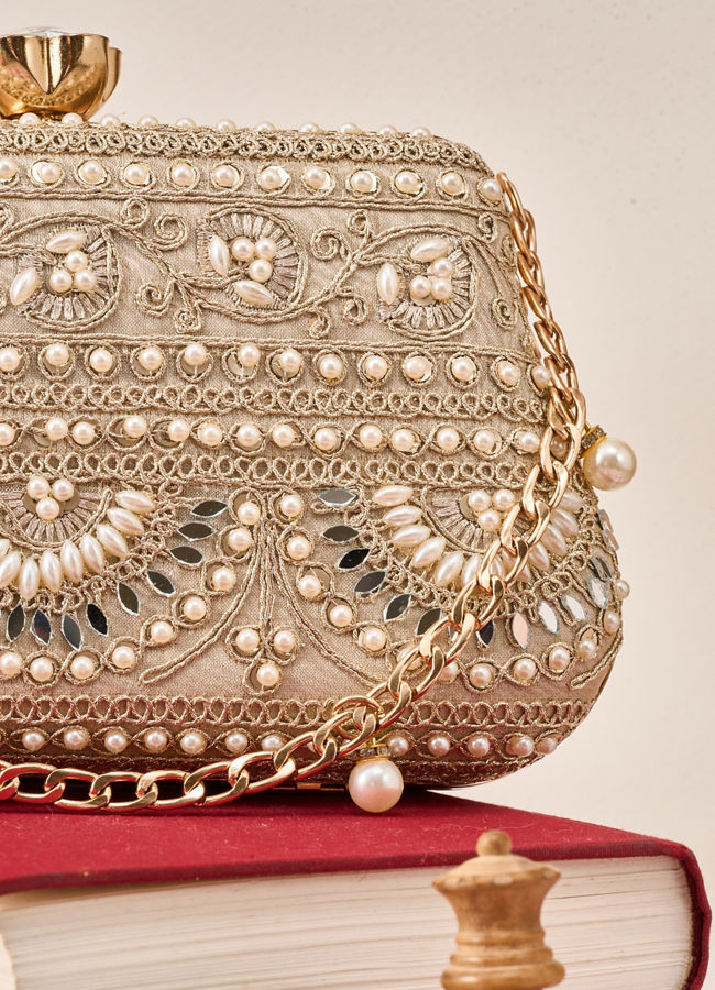 Mohey Women Fawn Art Silk Clutch Bag with Moti Work