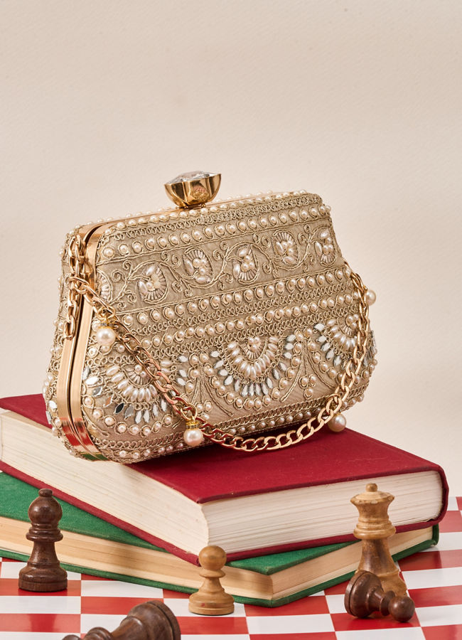Mohey Women Fawn Art Silk Clutch Bag with Moti Work
