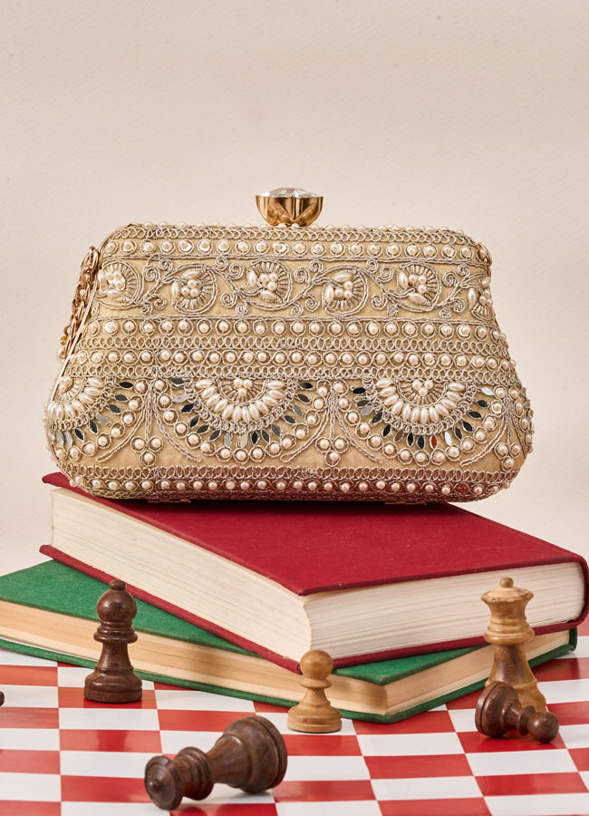 Mohey Women Fawn Art Silk Clutch Bag with Moti Work