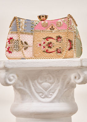 Mohey Women Cream Art Silk Clutch Bag with Sequin Work