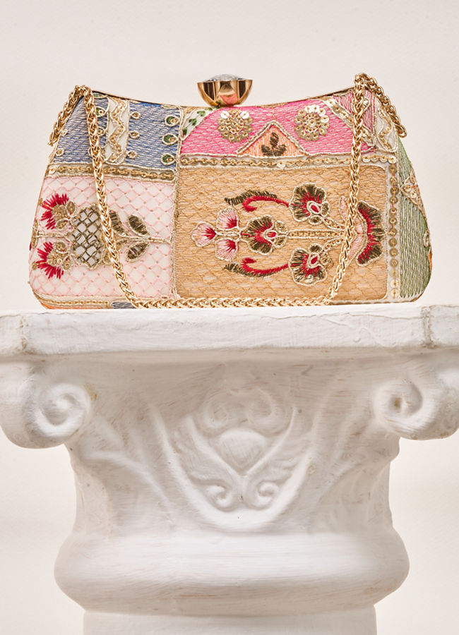 Mohey Women Cream Art Silk Clutch Bag with Sequin Work