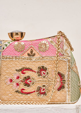 Mohey Women Cream Art Silk Clutch Bag with Sequin Work