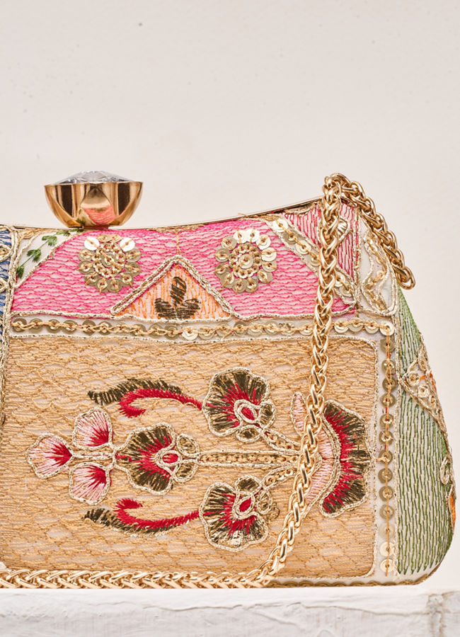 Mohey Women Cream Art Silk Clutch Bag with Sequin Work