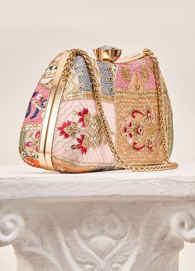 Mohey Women Cream Art Silk Clutch Bag with Sequin Work