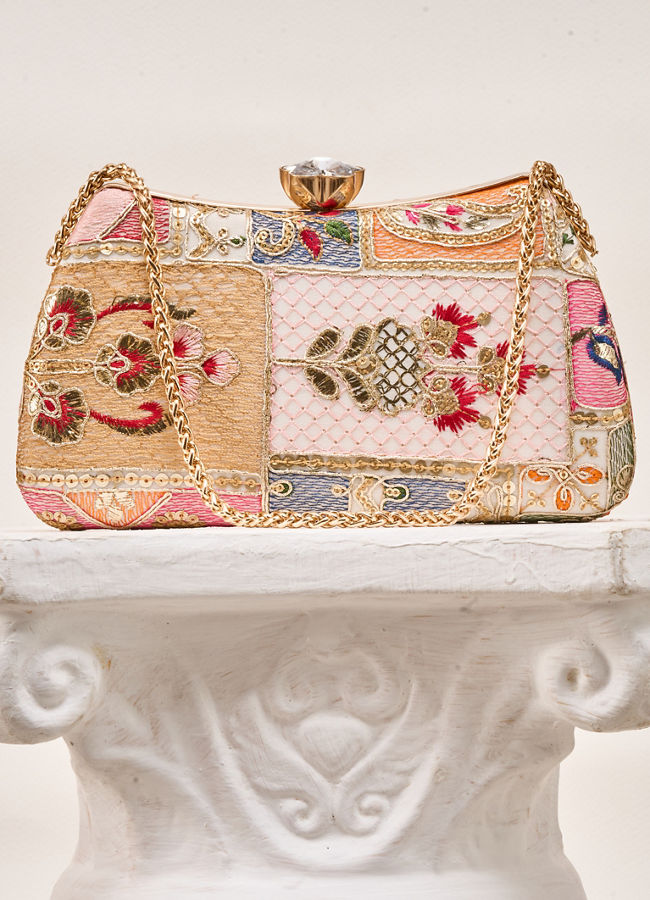 Mohey Women Cream Art Silk Clutch Bag with Sequin Work