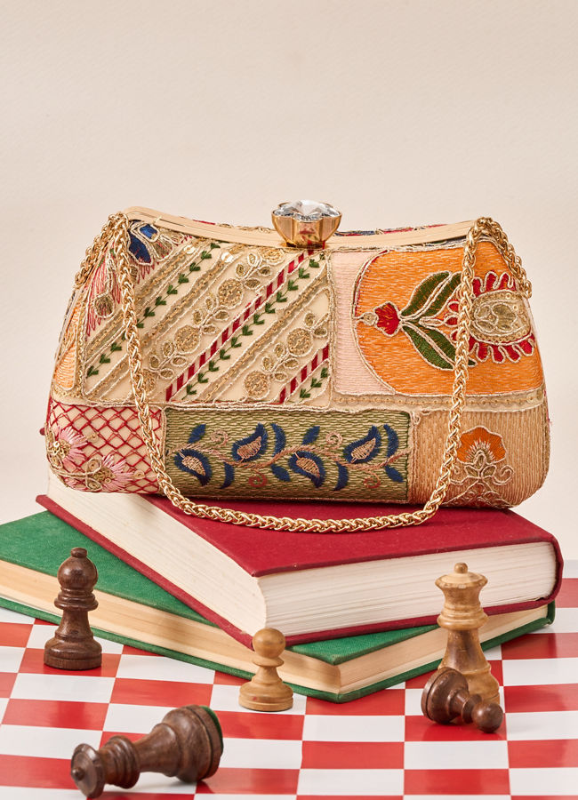 Mohey Women Beige Art Silk Clutch Bag with Sequin Work