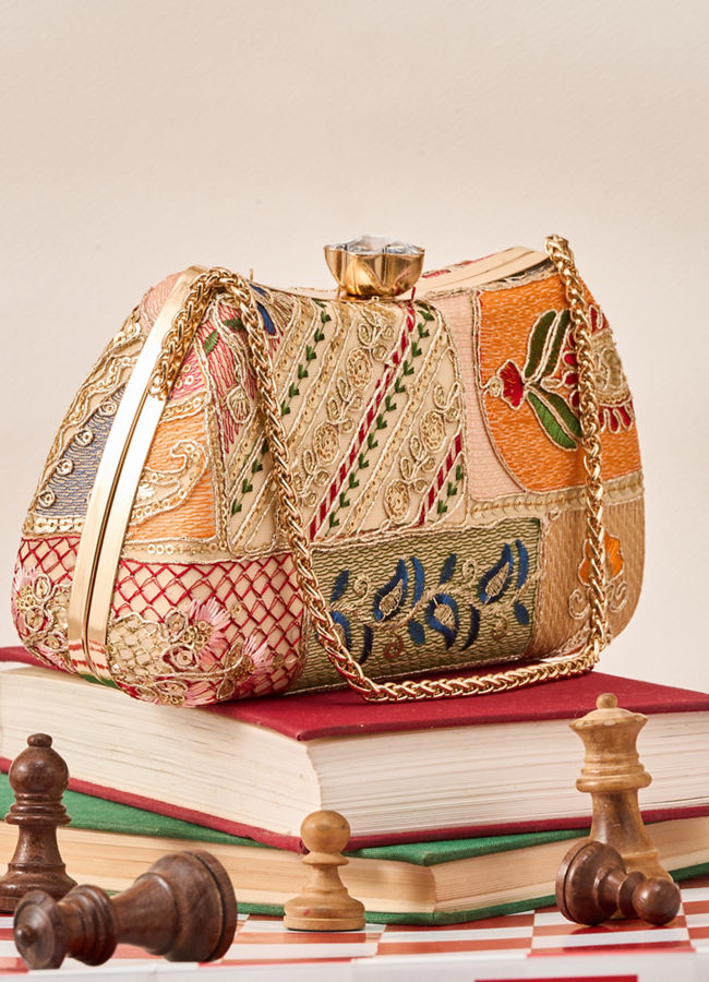 Mohey Women Beige Art Silk Clutch Bag with Sequin Work