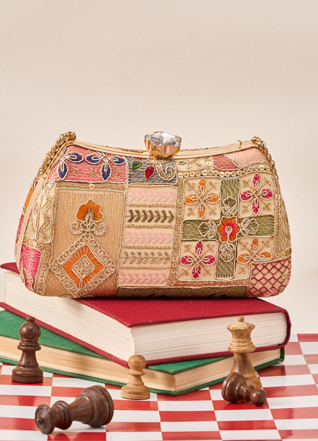 Mohey Women Beige Art Silk Clutch Bag with Sequin Work