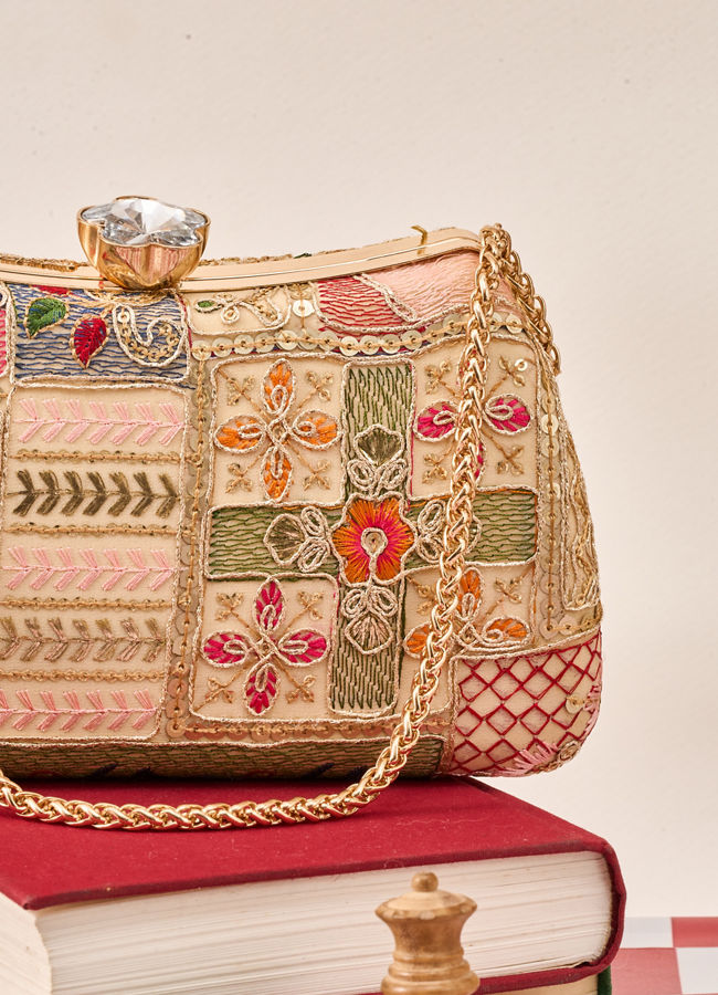 Mohey Women Beige Art Silk Clutch Bag with Sequin Work