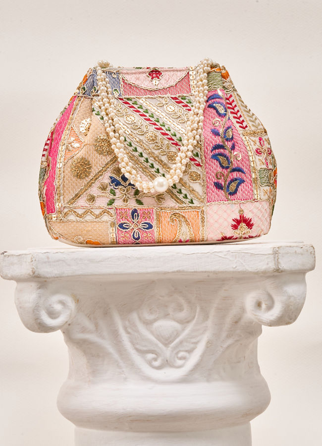 Mohey Women Cream Art Silk Bag with Sequin Work