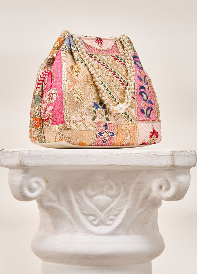 Mohey Women Cream Art Silk Bag with Sequin Work