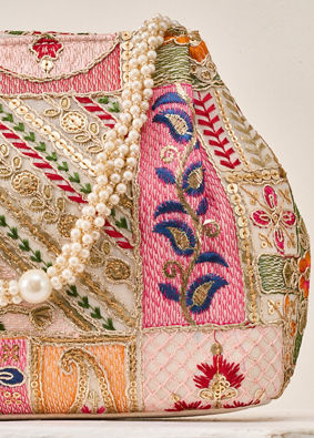 Mohey Women Cream Art Silk Bag with Sequin Work