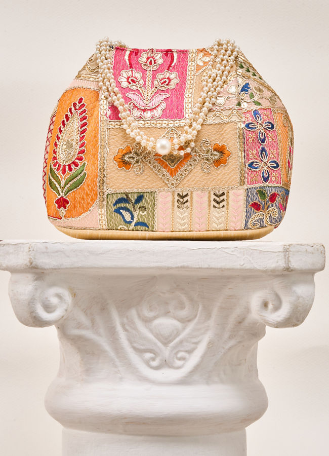 Mohey Women Beige Art Silk Bag with Sequin Work