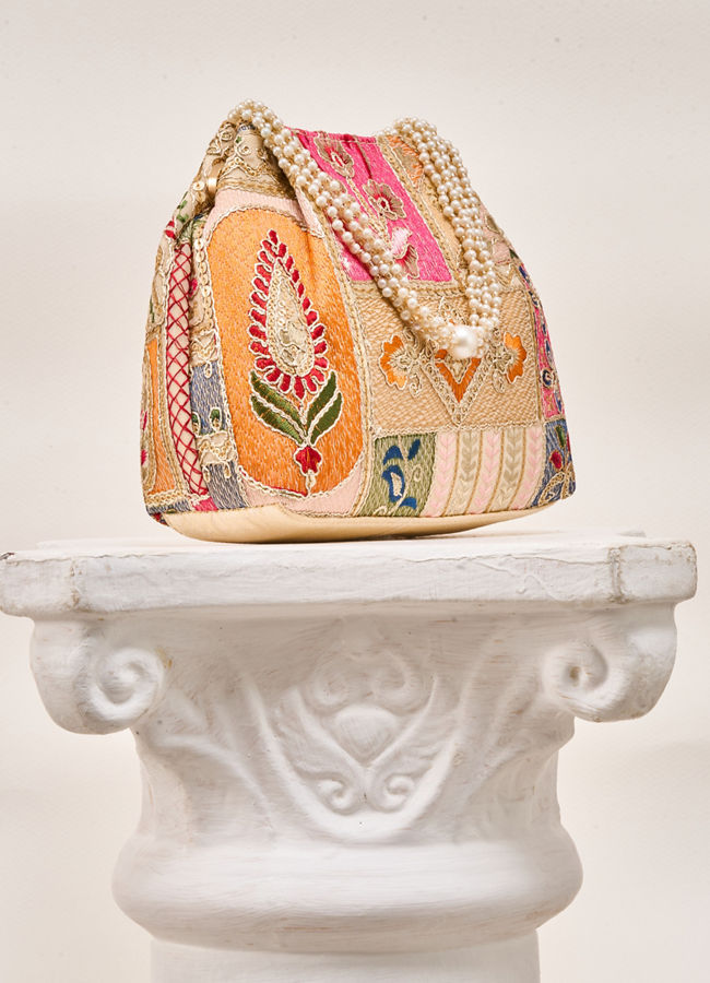 Mohey Women Beige Art Silk Bag with Sequin Work
