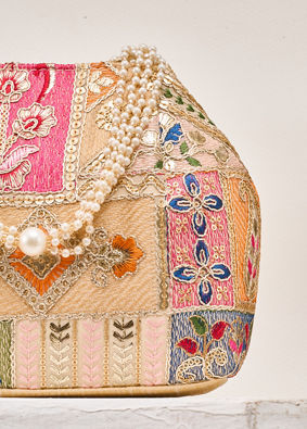Mohey Women Beige Art Silk Bag with Sequin Work