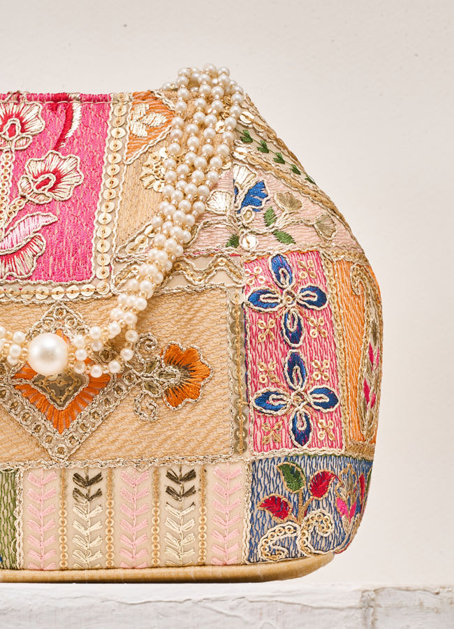 Mohey Women Beige Art Silk Bag with Sequin Work