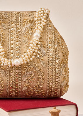 Mohey Women Gold Art Silk Top Handle Bag with Sequin Work