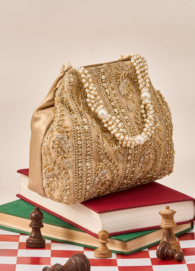 Mohey Women Gold Art Silk Top Handle Bag with Sequin Work