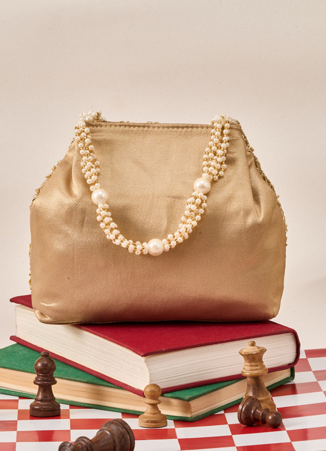Mohey Women Gold Art Silk Top Handle Bag with Sequin Work