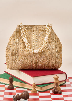 Mohey Women Gold Art Silk Top Handle Bag with Sequin Work