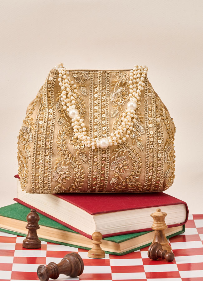 Mohey Women Gold Art Silk Top Handle Bag with Sequin Work