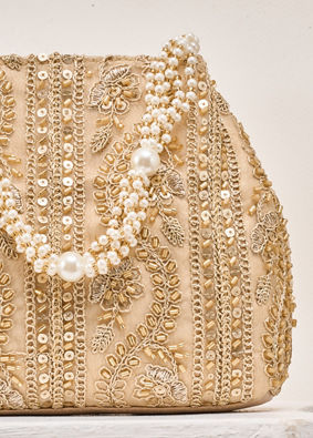 Mohey Women Beige Silk Bag with Cutdana and Sequin Work