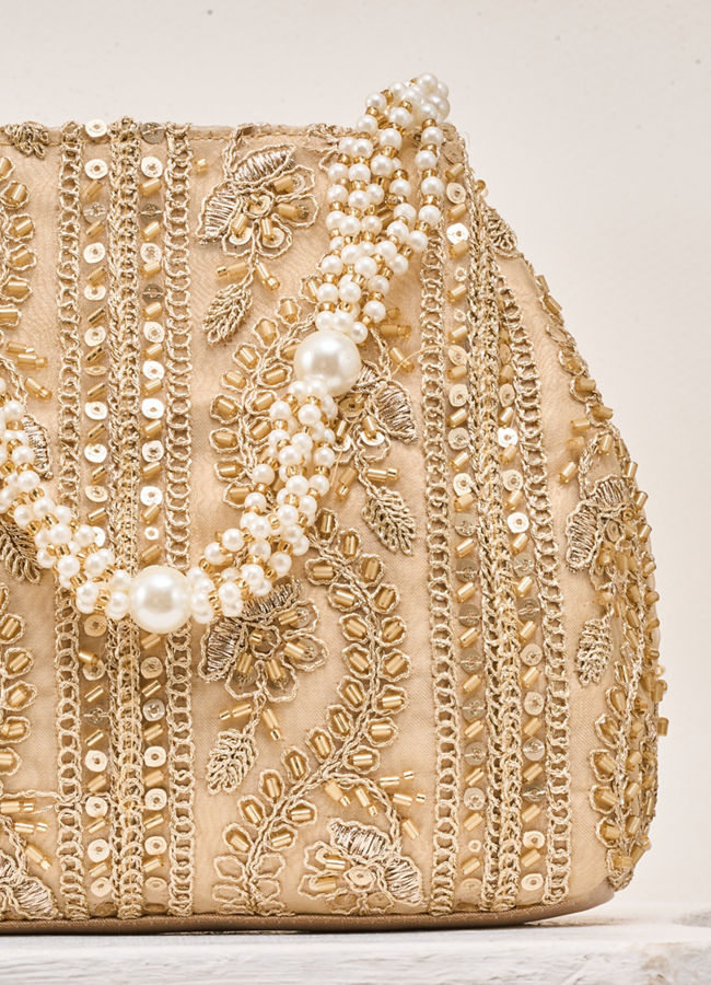 Mohey Women Beige Silk Bag with Cutdana and Sequin Work