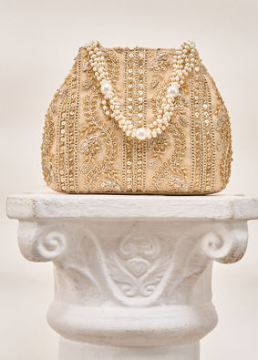 Mohey Women Beige Silk Bag with Cutdana and Sequin Work