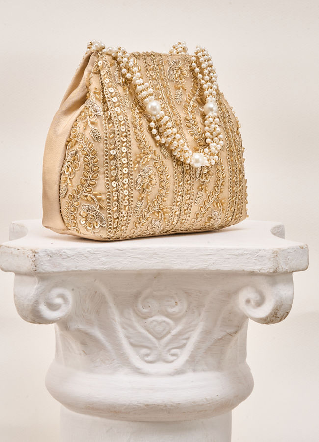 Mohey Women Beige Silk Bag with Cutdana and Sequin Work