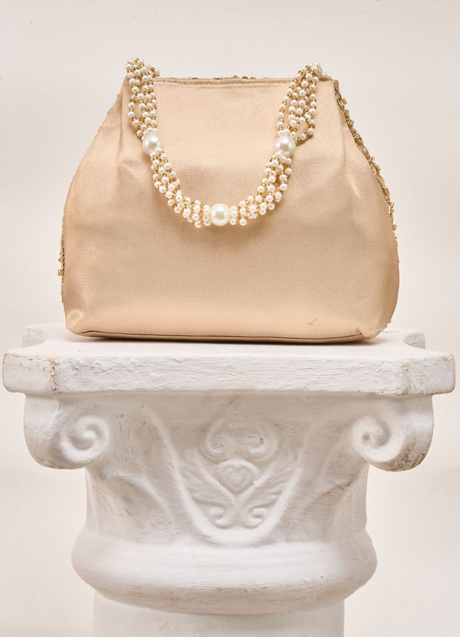 Mohey Women Beige Silk Bag with Cutdana and Sequin Work