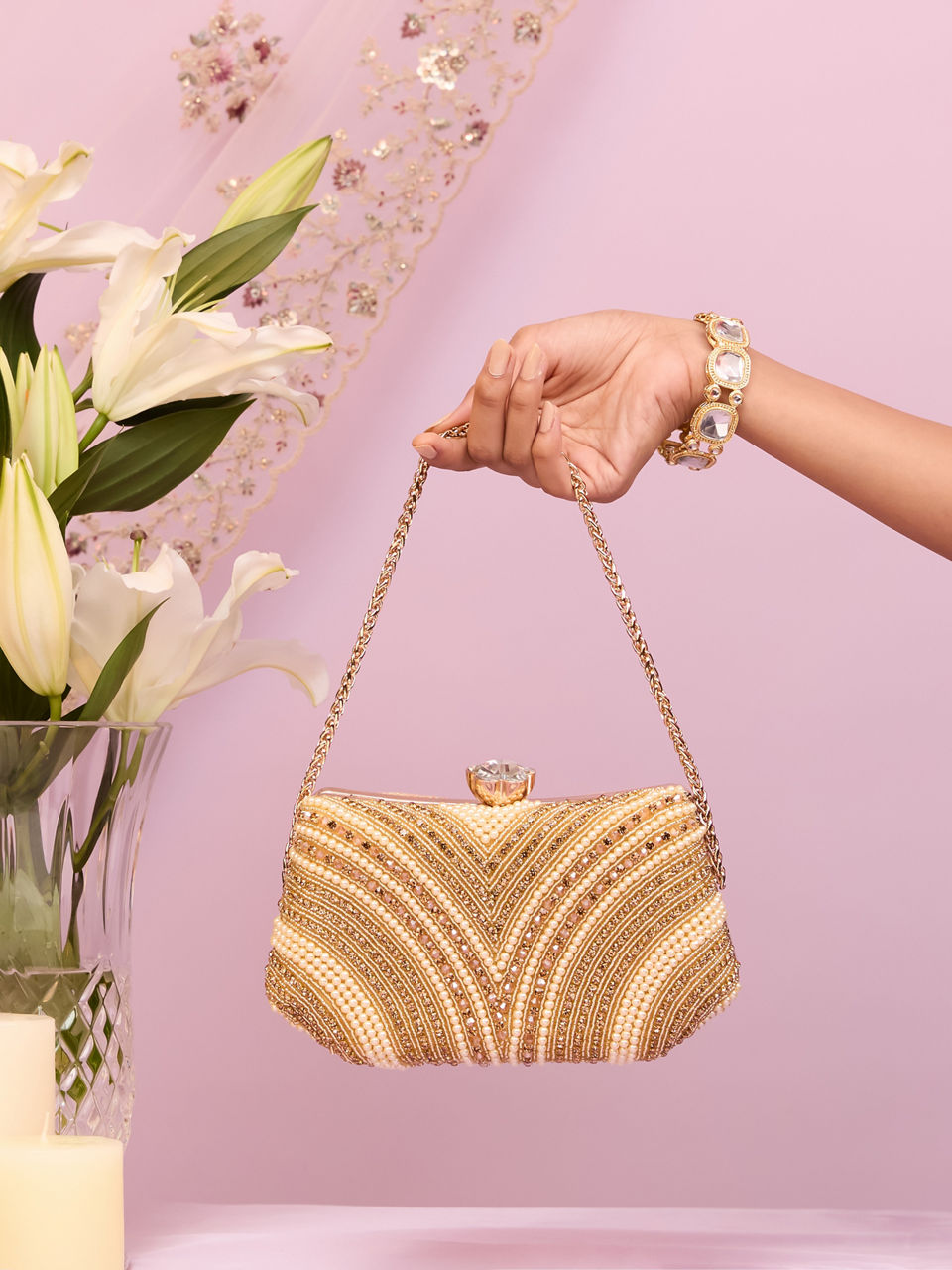 Mohey Women Beige Art Silk Clutch Bag