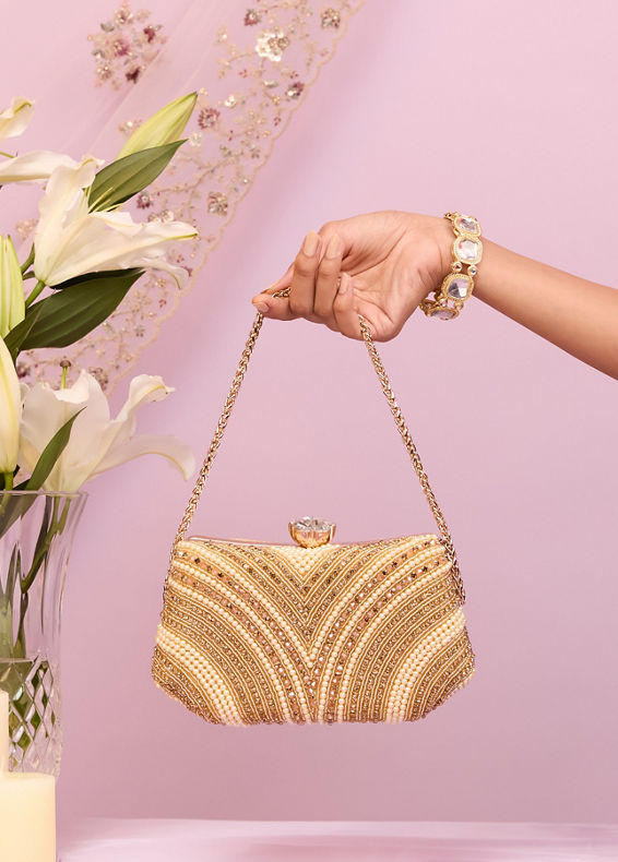 Mohey Women Beige Art Silk Clutch Bag