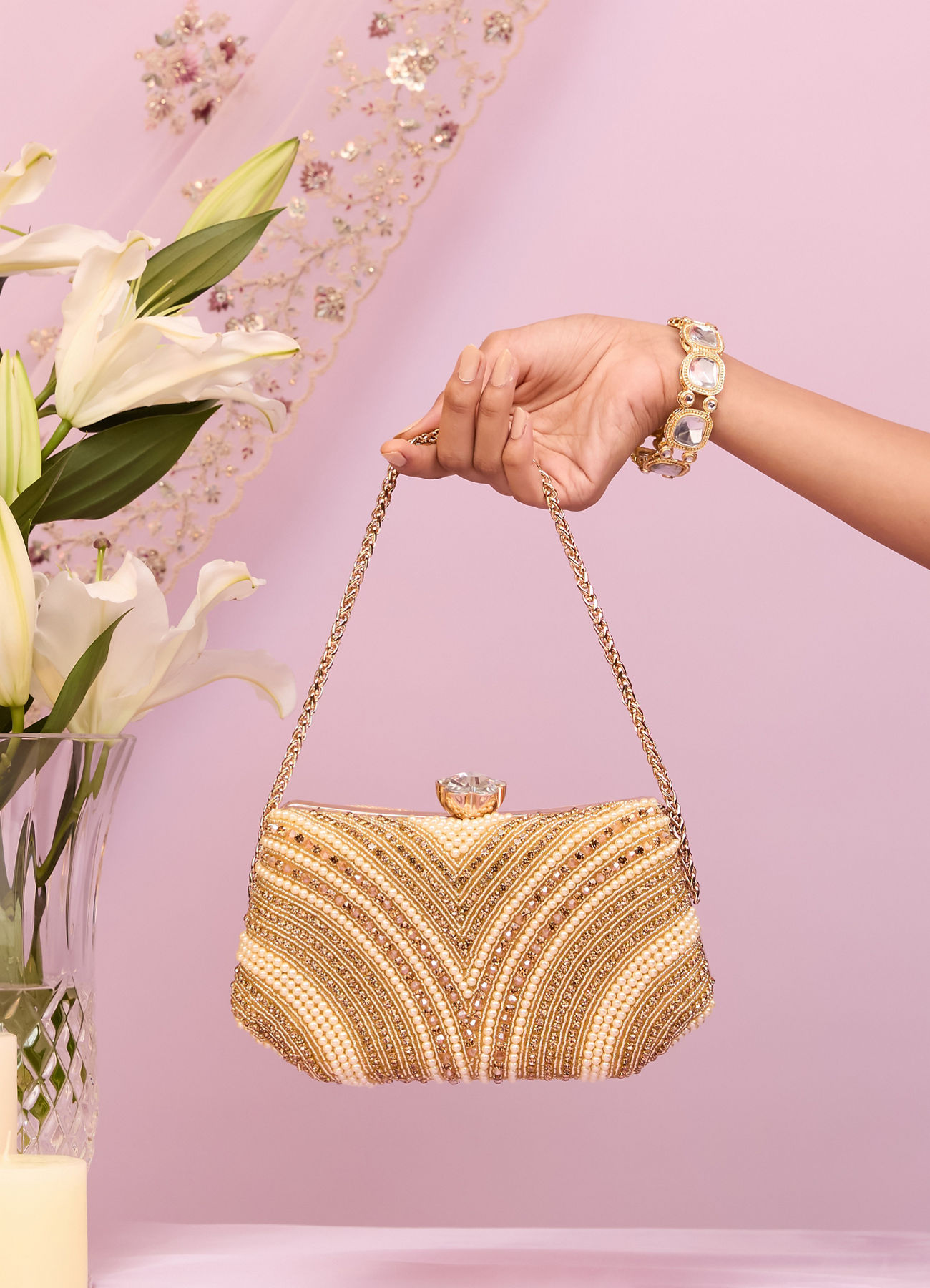 Mohey Women Beige Art Silk Clutch Bag