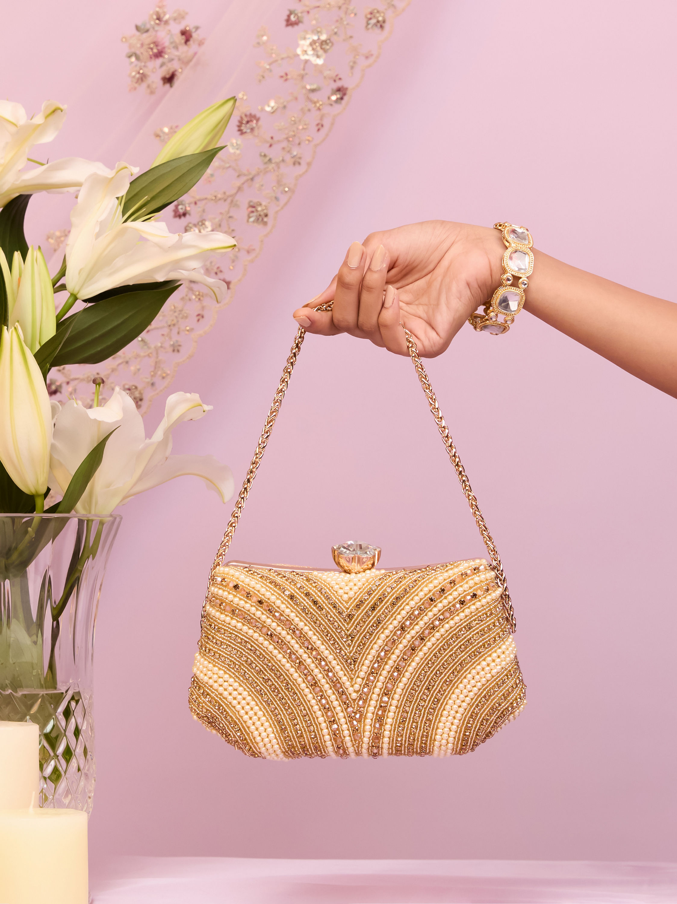 Mohey Women Beige Art Silk Clutch Bag