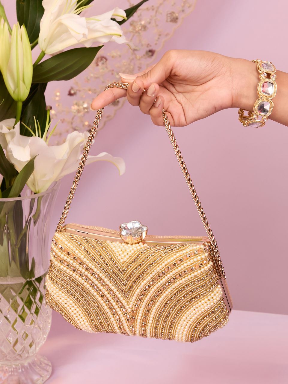 Mohey Women Beige Art Silk Clutch Bag